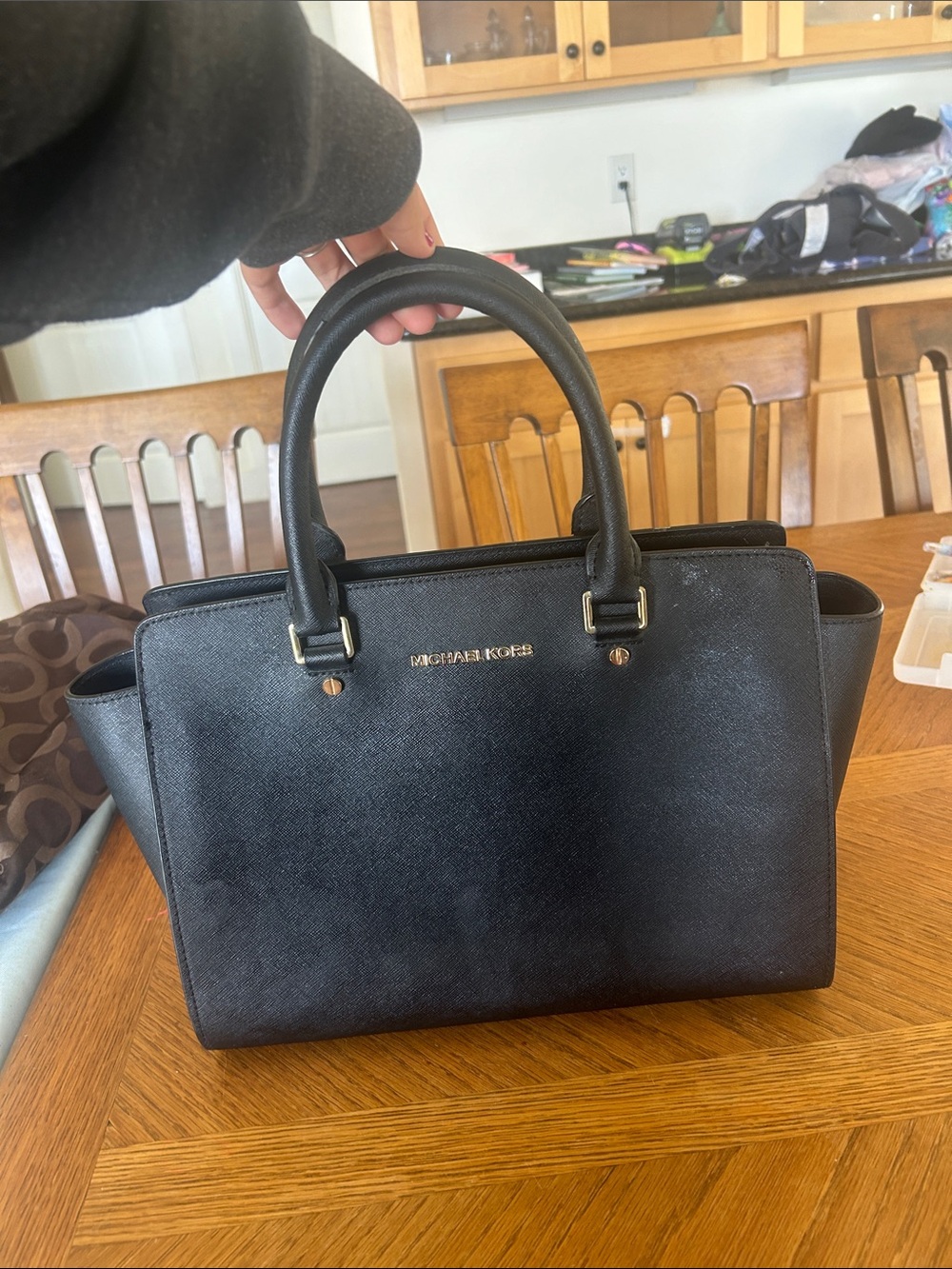 Michael Kors Black Leather Satchel with Gold Hardware designer